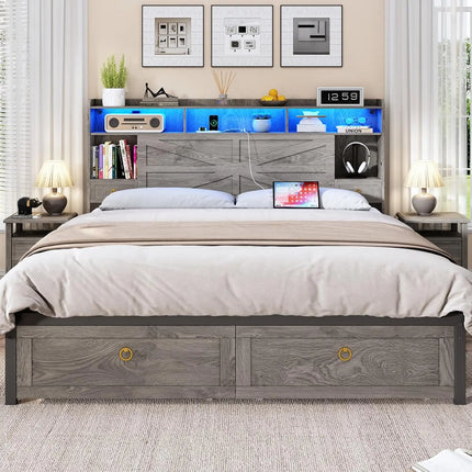 Shop1105673279 Farmhouse King Bed Frame with LED Lights & Storage Draw