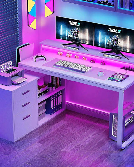 Stylish L-Shaped Workspace Desk with USB Charging Hub, Custom RGB Lighting, and Ample Storage Solutions