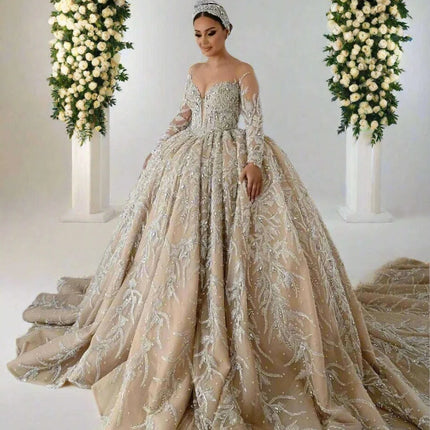 Stunning Bespoke Off-Shoulder Sequin Wedding Ball Gown with Elegant Long Sleeves