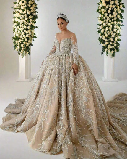 Stunning Bespoke Off-Shoulder Sequin Wedding Ball Gown with Elegant Long Sleeves