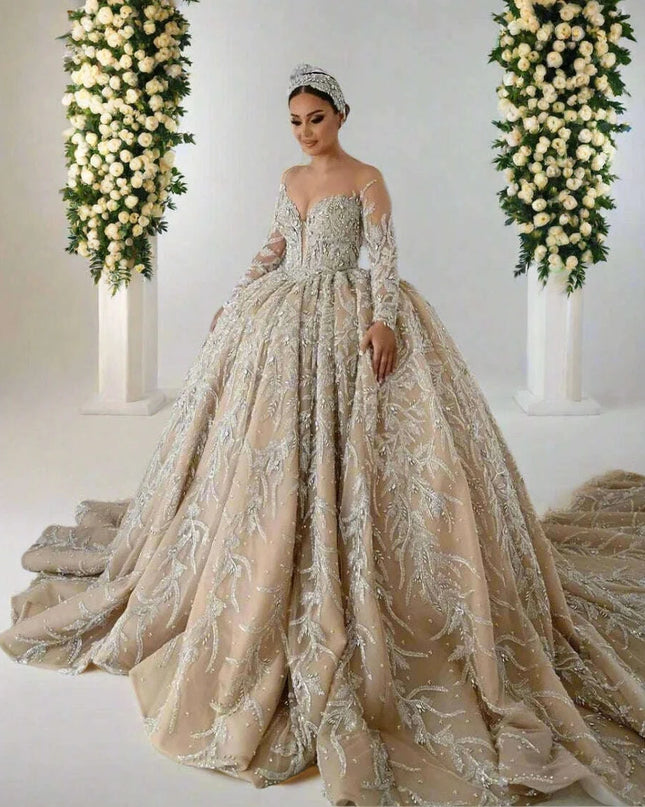 Stunning Bespoke Off-Shoulder Sequin Wedding Ball Gown with Elegant Long Sleeves