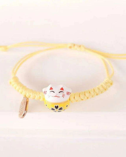 Whimsical Rainbow Braided Lucky Cat Bracelet - Adjustable Ceramic Good Fortune Jewelry