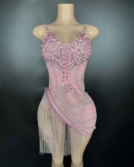 Sparkling Black Rhinestone Mini Dress with Playful Fringe