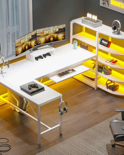 L-Shaped Gaming Desk with RGB Lighting and Versatile Storage Solutions