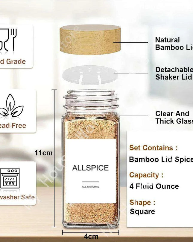 Glass Spice Jar Set with Bamboo Lids, Shaker Tops, Labels & Funnel - 4oz