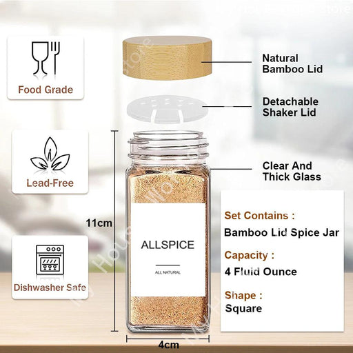 Glass Spice Jar Set with Bamboo Lids, Shaker Tops, Labels & Funnel - 4oz
