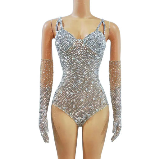 Elegance Unleashed - Mesmerizing Rhinestone-Adorned Mesh Bodysuit for Women's Nightclub Glam