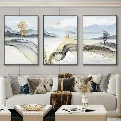 Nordic Elegance: Golden Deer Abstract Landscape 3-Piece Canvas Art Set with Customizable Borders for Luxury Home Decor