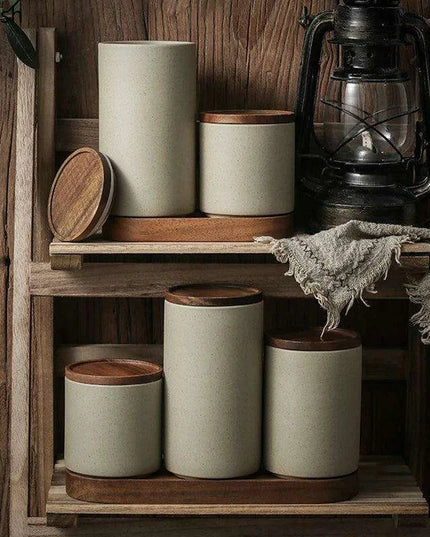 Vintage-Inspired Ceramic Canister Set with Airtight Wooden Lids for Tea and Coffee Storage