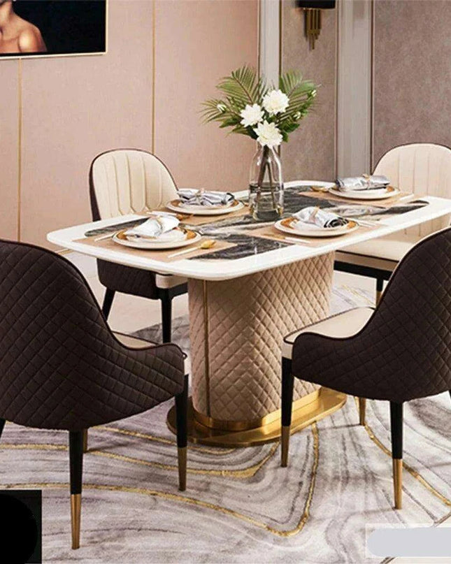 Genuine Leather Chairs & Elegant Marble Table with Stainless Steel Accents