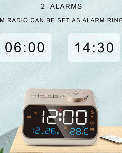 Sleek LED Alarm Clock with FM Radio, Temperature & Humidity Display for a Stylish Bedside Experience