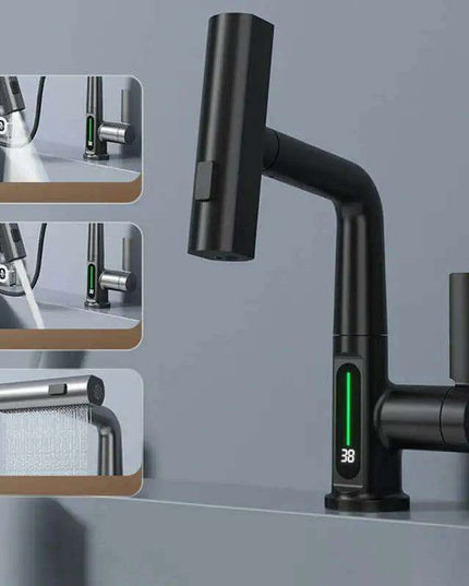 LED Waterfall Faucet with Temperature Display and Rotating Pull-Out Sprayer