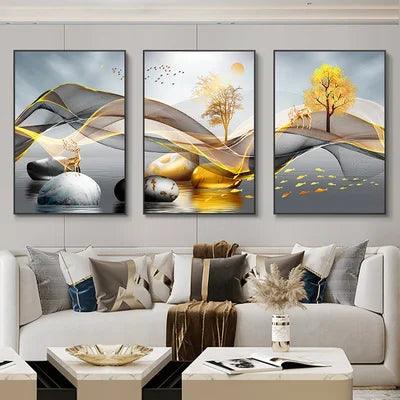 Golden Deer Nordic Ribbon Abstract Landscape 3-Piece Canvas Art Set - Elegant Home Decor Addition with Customizable White Borders