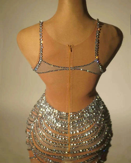 Radiant Sheer Crystal-Embellished Mini Dress for Women - Perfect Evening Wear for Celebrations and Parties