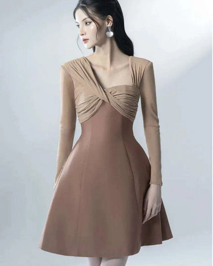 Asymmetrical Patchwork Long Sleeve Square Neck Dress for Women