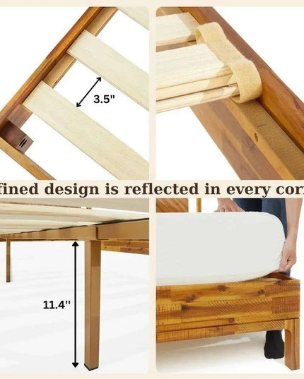 Rustic Golden Brown Acacia Wood Queen Bed Frame with Herringbone Headboard