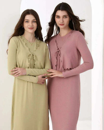 Elegant Ruffle Maxi Dress & Lettuce Edge Cardigan Set for Women