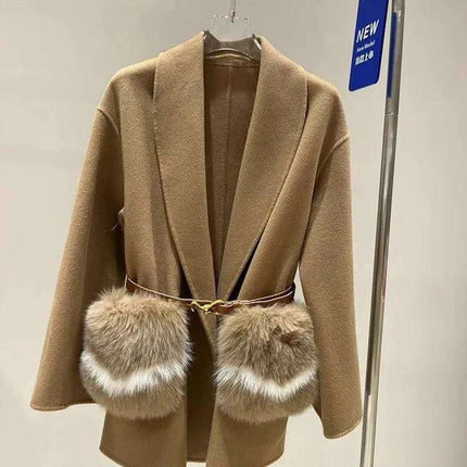 Elegant Cashmere and Wool Winter Coat with Luxe Fox Fur Trim and Tailored Belt - 2023 Trend Essential