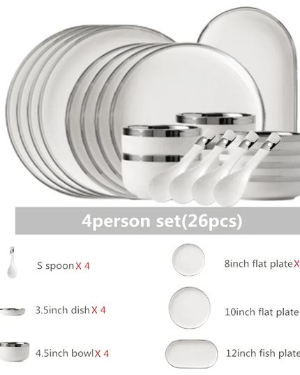 Sophisticated White Porcelain Dinnerware Collection with Silver Detailing for Elegant Home and Hotel Dining