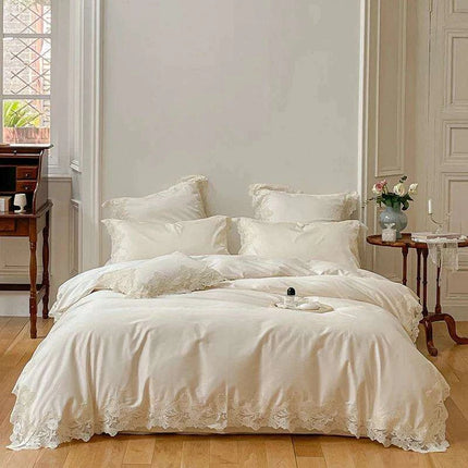 Romantic Chic French Lace Bedding Ensemble - Luxurious 1000TC Egyptian Cotton Duvet Cover, Sheets & Pillowcases Set