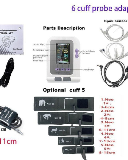 Comprehensive Veterinary Blood Pressure and Oxygen Monitoring System with Adjustable Cuff Sizes