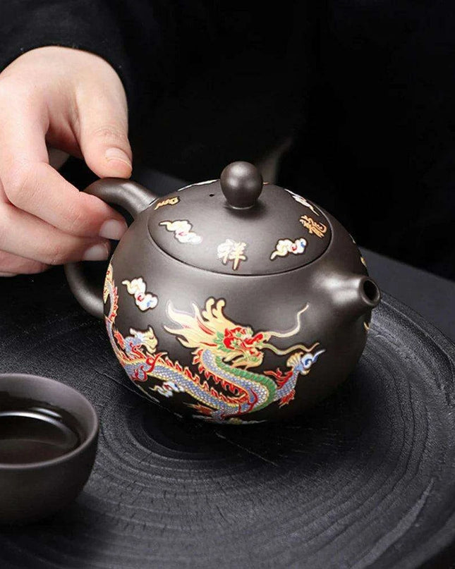 Artisan Dragon and Phoenix Purple Clay Teapot for Traditional Kung Fu Tea Ceremony