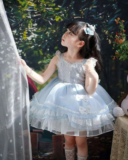 Elegant Spanish Lolita Princess Lace Bow Summer Party Dress for Girls
