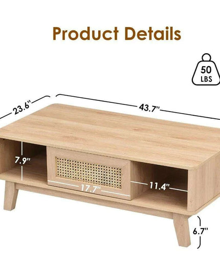 Stylish Rattan-Infused Wooden Coffee Table - Essential for Modern Living Spaces