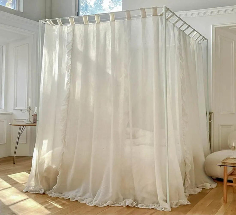 Sheer Linen Canopy Bed Curtains with Ruffled Detailing and Easy Setup