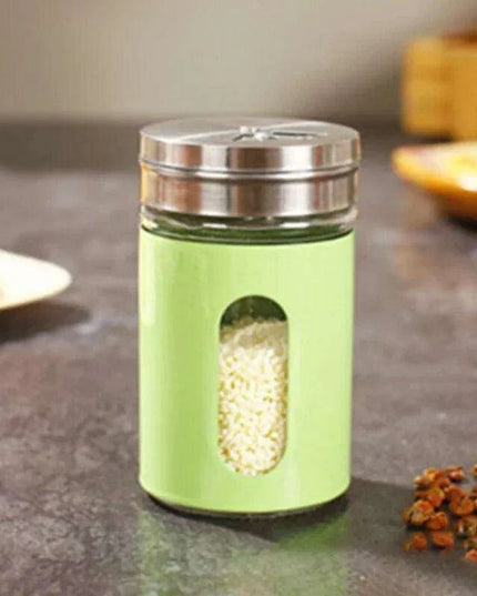 Stylish Rotating Glass Spice Dispenser Set with Stainless Steel Lids - Trio of Seasoning Jars