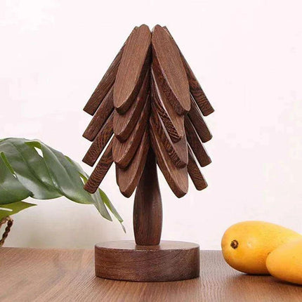 Set of 4 - Walnut Wood Tree-Shaped Heat-Resistant Trivet Set
