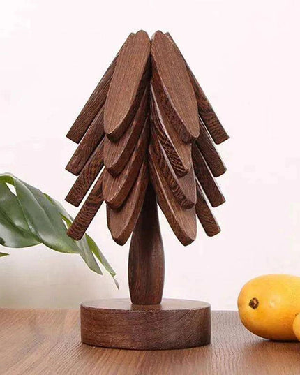 Set of 4 - Walnut Wood Tree-Shaped Heat-Resistant Trivet Set