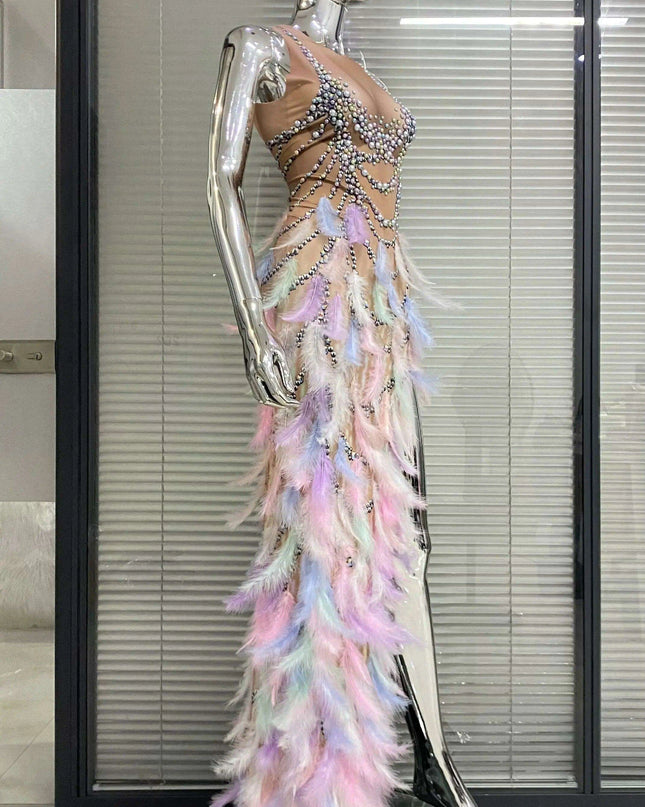 Luxury Feather & Diamond Evening Gown - Exclusive Custom Design | 2023 Limited Edition