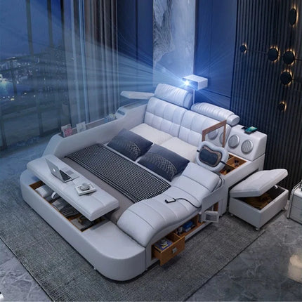 Leather Smart Bed with Built-In Massage, Overhead Projector & Underbed Storage