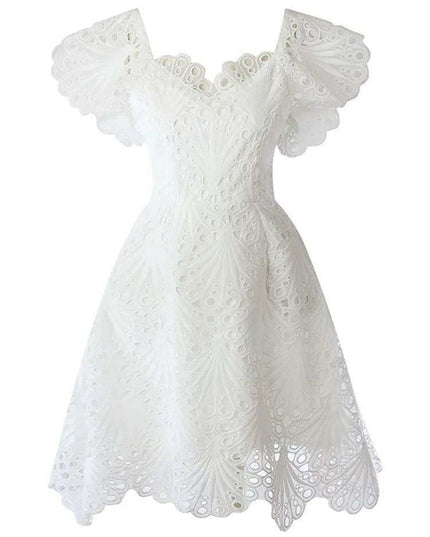 DEAT Elegant Hollow Embroidered High-Waisted Solid Color Summer Dress for Women - 2024 Party Edition 13DB4842