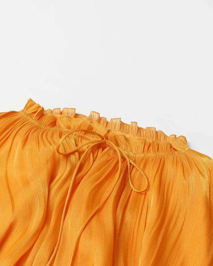 GALCAUR Women's Stylish High Waist A-Line Dress with Pleats and Lace-Up Detail, Round Neck, Short Sleeves