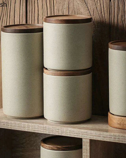 Vintage-Inspired Ceramic Canister Set with Airtight Wooden Lids for Tea and Coffee Storage