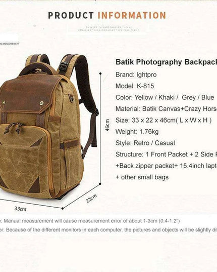 Vintage Batik Canvas Camera Backpack with USB Charging Feature - Ideal for Men’s Photography and Travel Adventures