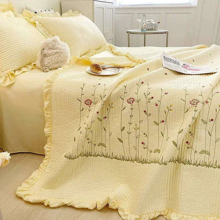 Embroidered Ruffle Flower Summer Quilt Set