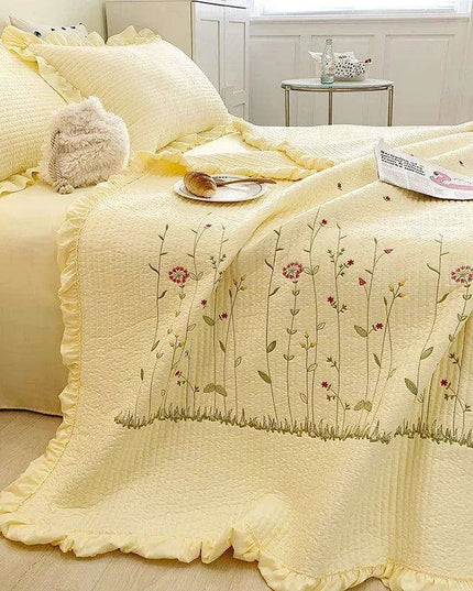 Embroidered Ruffle Flower Summer Quilt Set