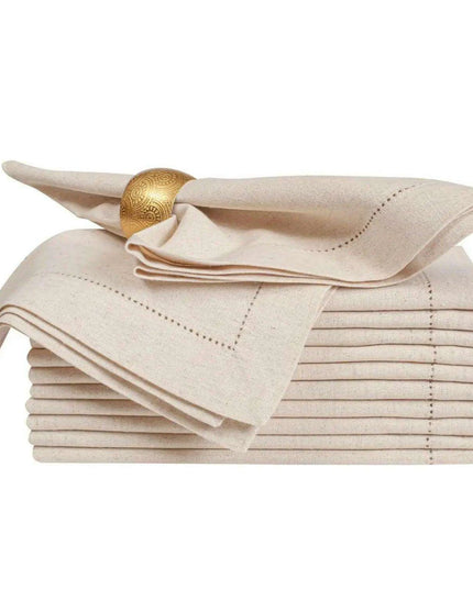 Set of 6 Luxurious Hemstitched Linen Napkins with Nature-Inspired Motifs - Flax Fabric for Elegant Dining