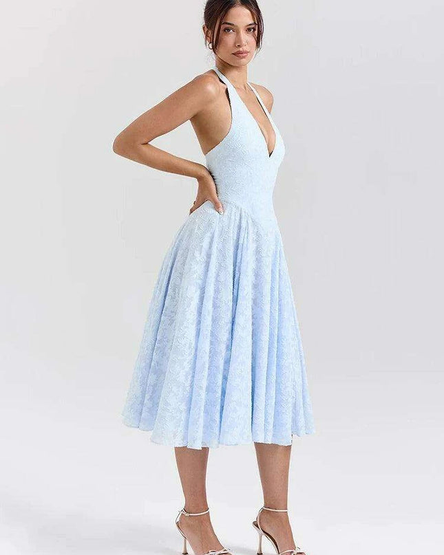 Elegant Backless A-line Evening Gown with Deep V Neck Halter Design for Women