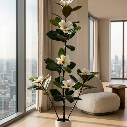 Artificial Magnolia Tree with White Flowers & White Pot, 150–180 cm