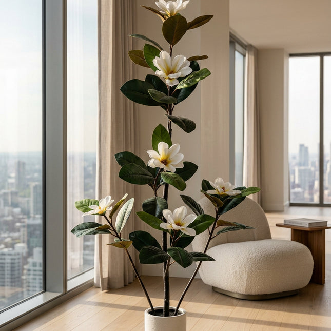 Artificial Magnolia Tree with White Flowers & White Pot, 150–180 cm