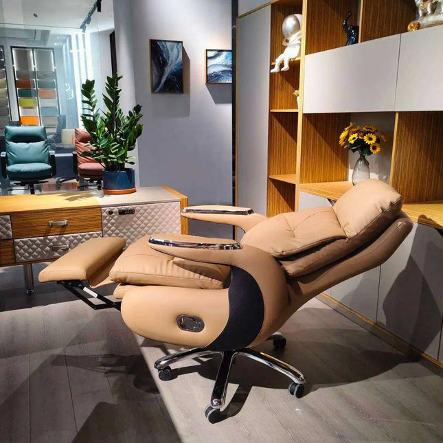 Premium Electric Reclining Office Chair with Integrated Footrest and Ergonomic High Back Support - Luxurious PU Leather Finish