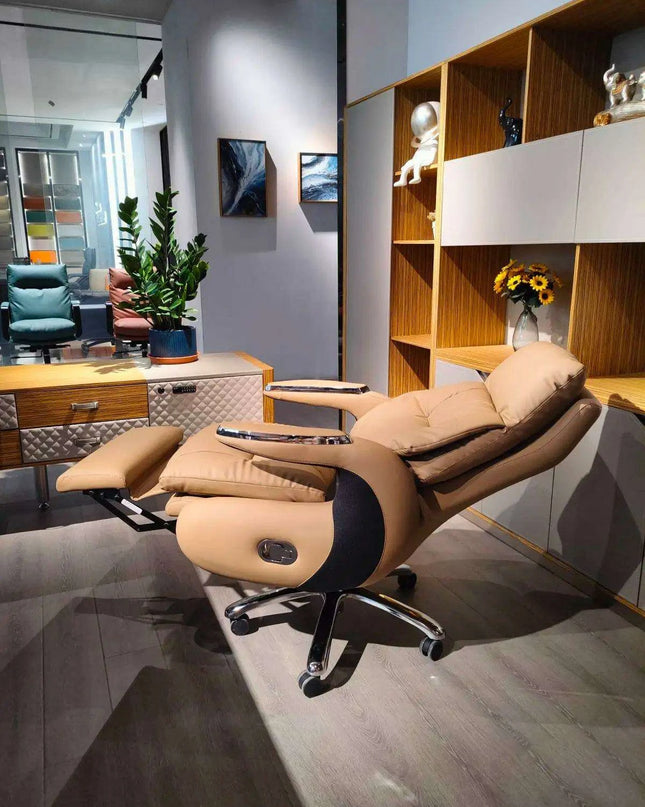 Premium Electric Reclining Office Chair with Integrated Footrest and Ergonomic High Back Support - Luxurious PU Leather Finish