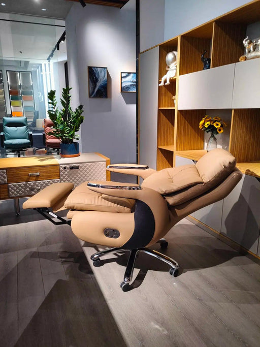 Premium Electric Reclining Office Chair with Integrated Footrest and Ergonomic High Back Support - Luxurious PU Leather Finish