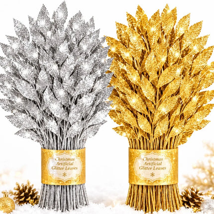 Glitter Artificial Bay Leaf Branches for Christmas Trees, Wreaths & Crafts