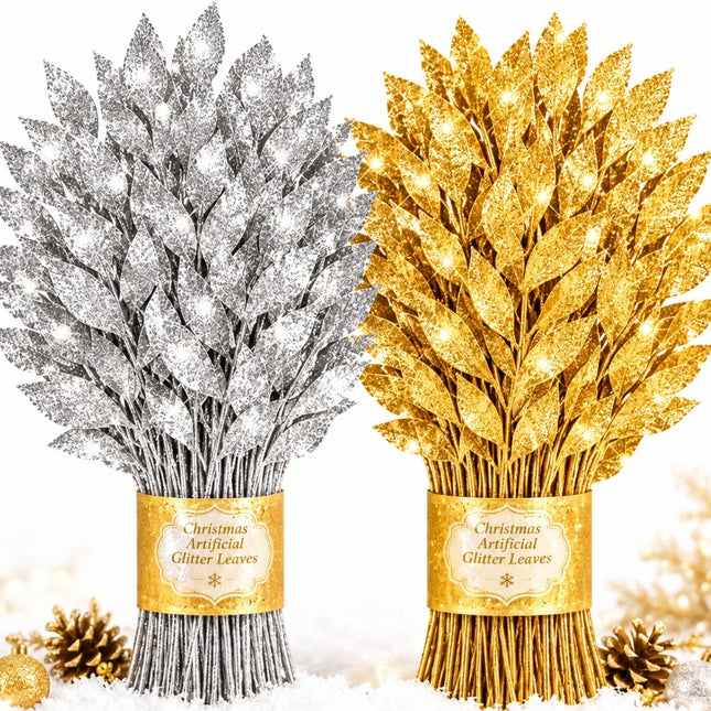 Glitter Artificial Bay Leaf Branches for Christmas Trees, Wreaths & Crafts