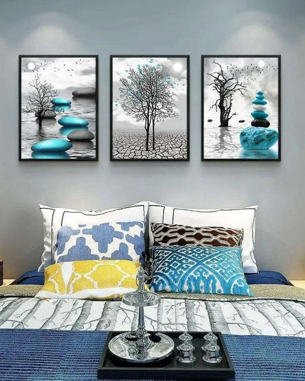 Elegant Blue Abstract Canvas Art Trio with Sleek Black Frames - 3-Piece Set, 20x28 inches Each